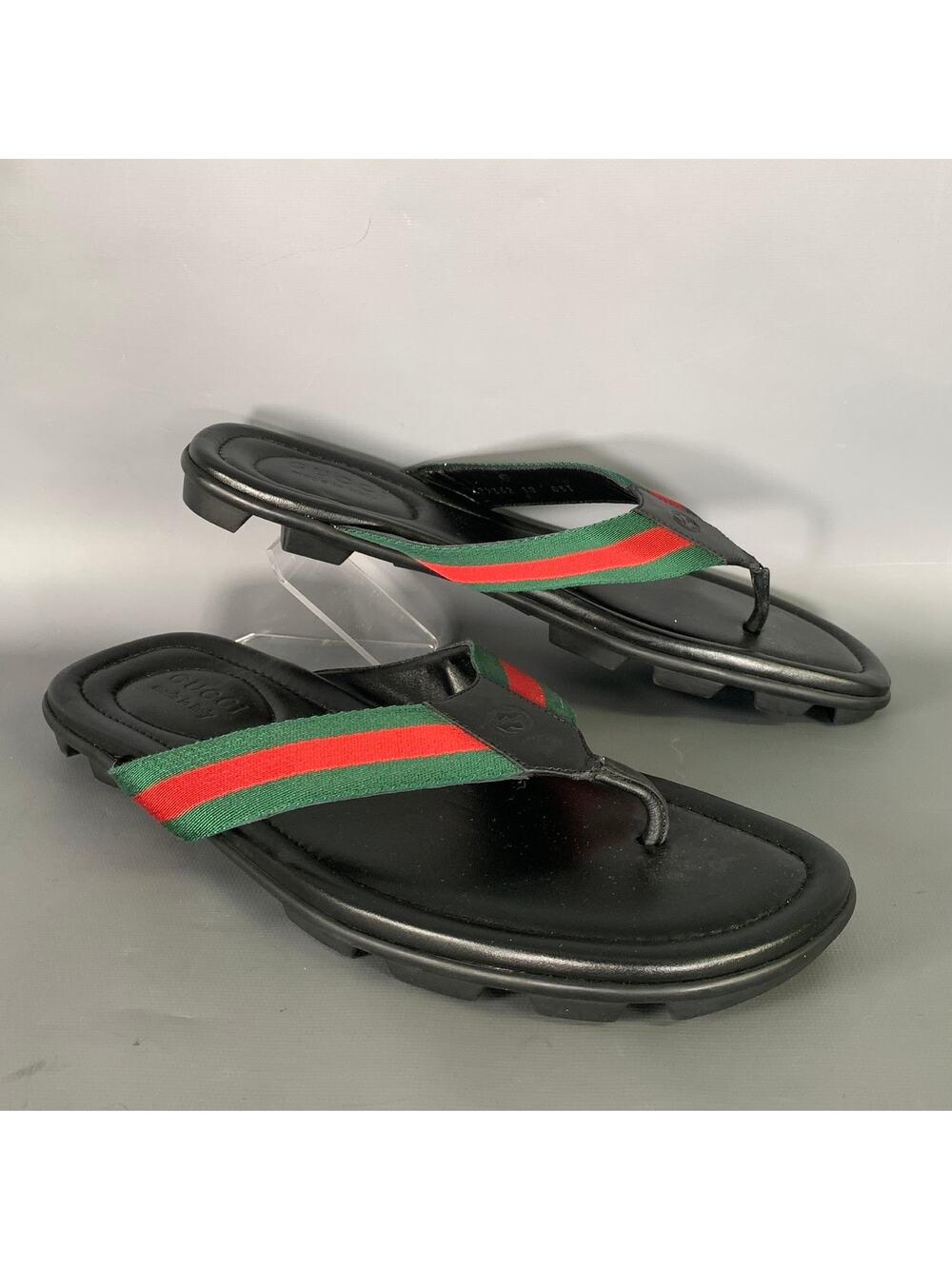 GUCCI Size 10.5 Black Green & Red Stripe Leather Thong Sandals